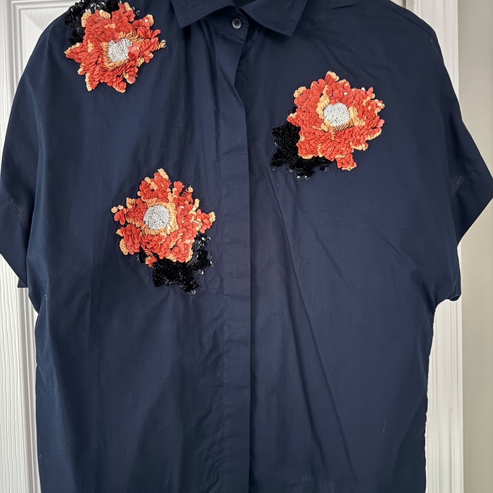 Anthropologie Navy Blue Floral Embroidered Blouse by DHRUV KAPOOR